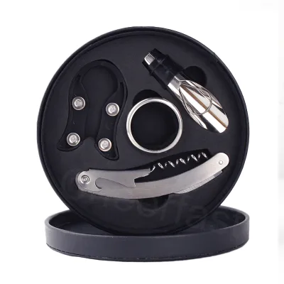 Customized Brand Stainless Steel 4Pcs Red Wine Bar Accessories Pourer Gift Set Round Pu Leather Wine Box Accessories