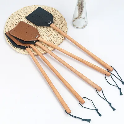 Long Handle Heavy Duty Wood Fly Swatter, Sturdy Leather Fly Swatter With Hanging Rope