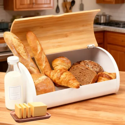 Top-latch Modern Handcrafted Bread Box with Bamboo Lid Eco-Friendly for Kitchen Countertops-Holds Multiple Large Loaves