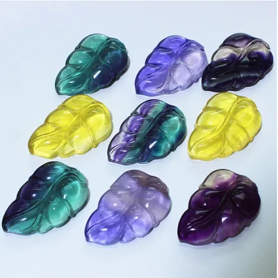 Wholesale 4cm Natural Handmade Crystal Carving rainbow Fluorite Leaf for Home Decoration