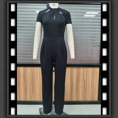 OEM woman's polyester short sleeve jumpsuits speial fashion twisted neck with holes with self fabric waistband