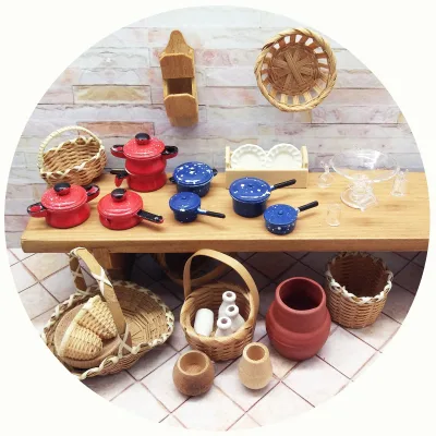 Miniature Doll House Kitchenware Set with Easy Assembly Bamboo & Wood Materials Scale 1:12