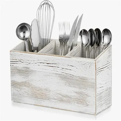 Kitchen Utensil Holder with 3 Compartments - Wooden Cooking Utensils Organizer Vintage Washed White Cutlery Holder