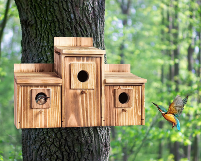 Outdoor 3 Hole Bird Family House Metal Roof Bird House