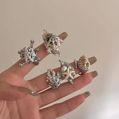 Trendy Bohemian Beach Style Trendy Stacked Finger Ring for Women Natural Starfish Shell Pearl Exaggerated Open Ring