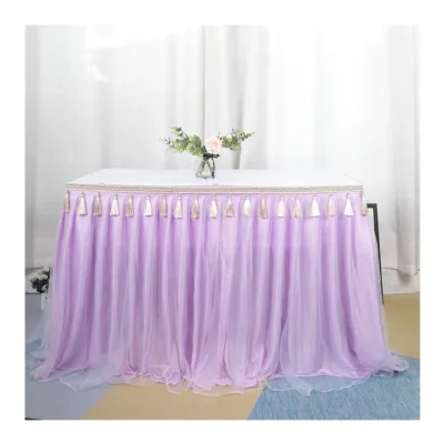 Purple Tulle Table Skirting Cloth for Baby Shower High Quality Organza Foil Table Skirt for Wedding