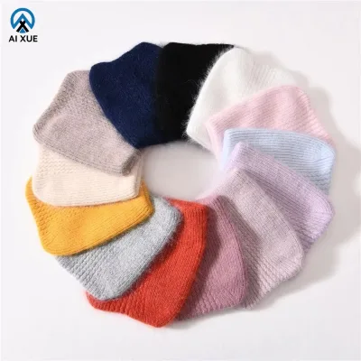 Factory Wholesale High Quality Wool Beanie Winter Warm Rabbit Hair Knitting Solid Bright Silk Cat's Ears Knitted Hat