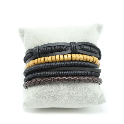 Bestone Punk Style Men's Genuine Leather Bracelet Handmade Rope Wrap Bracelet for Men Jewelry