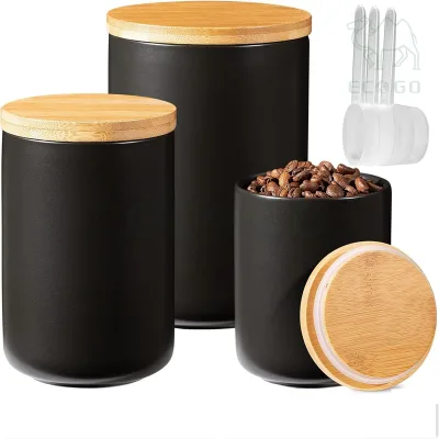 Black Ceramic Kitchen Bamboo Lid Coffee Sugar Food Storage Container with Silicone Ring