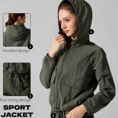 Women's Hooded Sport Jacket Full-Zip With Drawstring Waist Patch Pockets Lightweight Cropped Activewear Outerwear