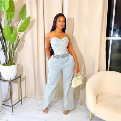 Top Pants Sleeveless Stretch Women's Denim Sets Denim Two Piece Sets Women Women's Denim Pants Set