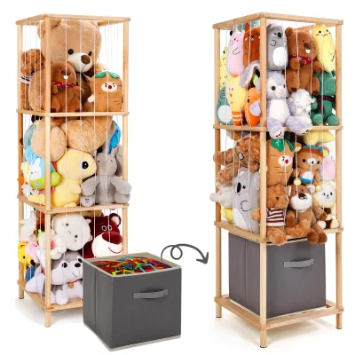 Three-Tier Large Wooden Stuffed Animal Storage Basket Space-Saving Vertical Organizer Multifunction Living Room Coat Clothing