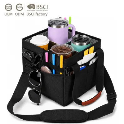 Portable 4 Compartment Cup Holder Bag with Handle and Strap Reusable Travel Beverage Bag for Car Delivery Multiple Tumbler