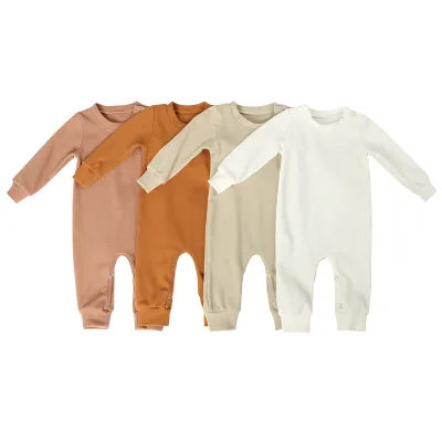 Simple Design Long Sleeves O-neck Infant Onesie with Snaps Waffle Whole Piece Boutique Romper