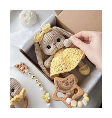 Multi Color Crochet Bunny With Beautiful Dress and Bow Handmade Rabbit Animal Toys Rattle or Pacifier for Kids As Gifts