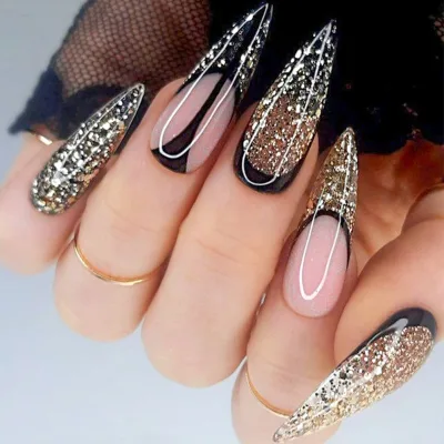 Oem Reusable Thick Acrylic Press on Nails Black Gold French High Quality Thick Acrylic Press on Nails
