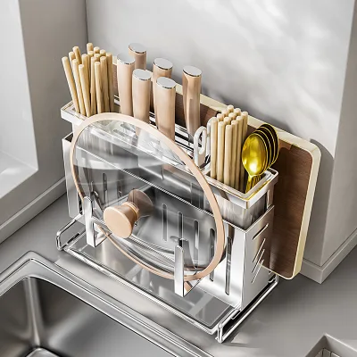 Stainless Steel Tool Storage Rack Kitchen Multifunctional Pot Cover Cutting Board Integrated Cutting Board Storage Rack