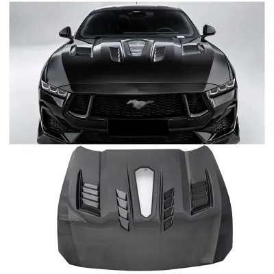 New Wet Carbon Fiber Hood for Mustang 2024 + CMST Style Transparent Glass Bonnet Screw-On Polished Finish Auto Part