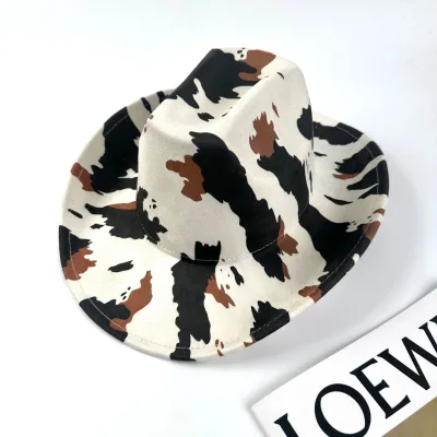Women Men Suede Cowgirl Hat Cow Print Wide Brim Western Hats for Wedding Party