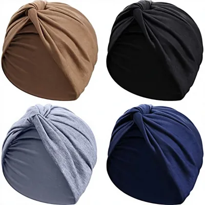 SAILING 4 Pieces Women's African Turbans Soft Pre-Tied Pleated Chemo Headwear 95% Cotton 5% Spandex Breathable Eco-Friendly Hand