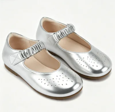 Silver Metallic Kids Mary Jane Flats Ruched Elastic Strap Breathable Cutout Round Toe Casual Daily Princess Shoes