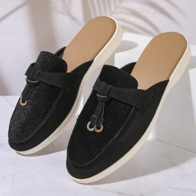 New Casual Flat Bottom Mules Lock Tassel Loafers Fashion Women Single Shoes Brand Metal Buckle Slipper Comfortable Slip on Shoes