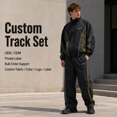 Bulk Supply Two Piece Set Men Black Olive Green Nylon Windbreaker Contrast Piping Zip up Jacket Wide Leg Jogger Tracksuit