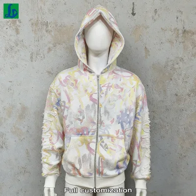CW Streetwear Custom-made, Distressed Graffiti Graphic, Distressed Tear, Zip-Up Hoodie for Men.