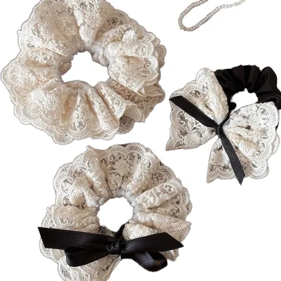 Retro Double-layer Bow Lace Hair Tie New Style Flower White and Black Hair Tie and Hair Hoops for Women