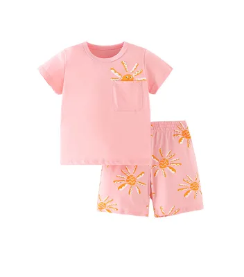 Customized Girls suit 2-14T sized children's casual round neck short sleeved pants kids set