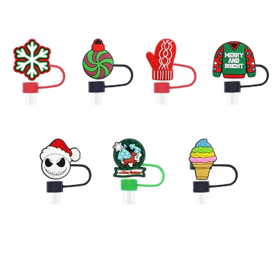 RYY 2024 Christmas Reusable Pvc 10mm Straws Tips Dust Toppers Cartoon Characters Straw Topper Cover for Drink Decoration