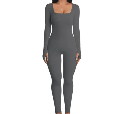 One Piece Spandex/Nylon/Ribbed Long Sleeve Jumpsuit Tummy Control Gym Fitness Activewear Casual Sports Bodysuit