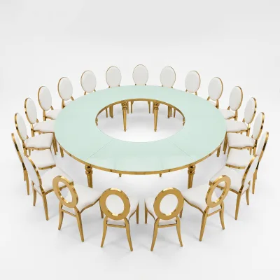 Luxury Modern Golden Ball Leg Stainless Steel Frame Tempered Glass Top Spliced Sector Wedding Banquet Combination Dining Table