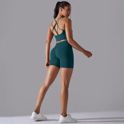 European and American Seamless Solid Color Cross Back Sports Bra Vest Yoga Suit for Running Bodysuits & Jumpsuits