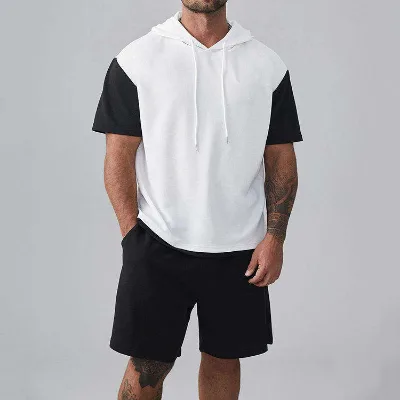 Hot Sale 100% Cotton Casual Knitted Print Men's Oversized Black & White Splice Summer Hooded T-Shirt & Shorts Set