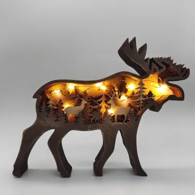 Sea-Land Folk Art LED Light Wooden Reindeer Ornament Christmas Plywood Craft Table Decor Home Gift Box Christmas Figurine & Toy