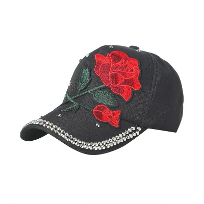 HY7 Wholesale Fashion Rhinestone Rose 3d Embroidered Baseball Cap Adjustable Street Hip-hop Style Trucker Hat Children's Hats