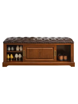 American Country-style Solid Wood Shoe-changing Stool Leather Seating Bench Entryway Storage Cabinet Soft-padded Footstool