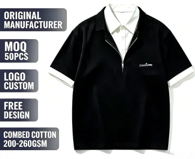 Custom Men's Loose Fit Combed Cotton Fake Two-piece Polo T-shirt