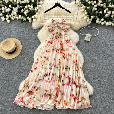 Halter Dress Sexy Halter Neck Dress Hollow-Out Halter Neckline Strapless Floral Print Ruffle Maxi Dress for the Beach