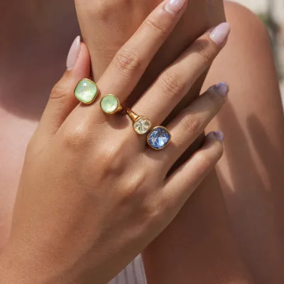 Luxury 316L Stainless Steel 18K PVD Gold Plated Two Color Square Crystal Open Finger Rings Fashion Jewelry for Women Wholesale
