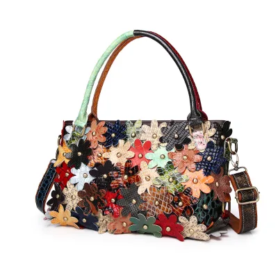 Colorful Flowers Patchwork Woven Handbag Luxury Design Soft Genuine Leather Tote Ethnic Style Retro Large Capacity Crossbody Bag