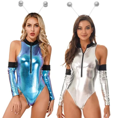 Womens Alien Role Play Costume Sleeveless Bodysuit Catsuit Sets for Halloween Costume Ball Theme Party Stage Performance