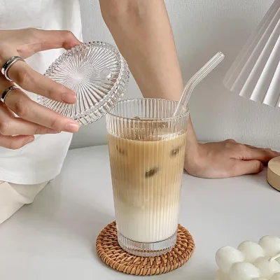 Hot Sell 375ml Stripe Design High Quality Glass Cups Straws with Lids for Various Beverages Drinking Glasses