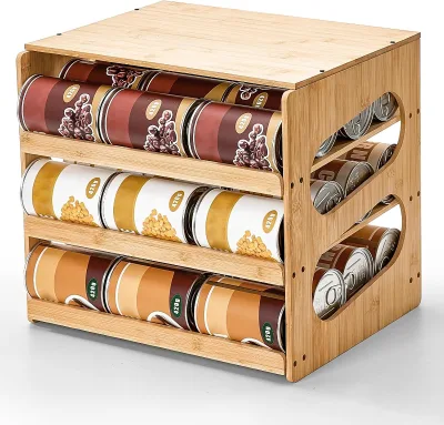 3 Tier Bamboo Can Dispenser Storage Organizer Rolling Design Coffee Bean Can Rack Countertop for Pantry Kitchen Cabinet