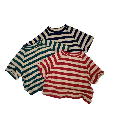 Summer Baby Toddler Boy O-neck Short Sleeved Cotton Striped Shirt Baby Top