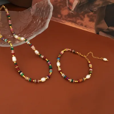 Bohemian Colorful Natural Stone Beaded Bracelet Freshwater Rice Pearl Necklace Fine Jewelry Set