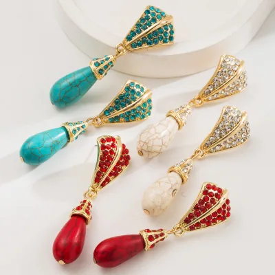 BOYI Vintage Diamond studded Water Droplet Red and White Turquoise Pendant Earrings
