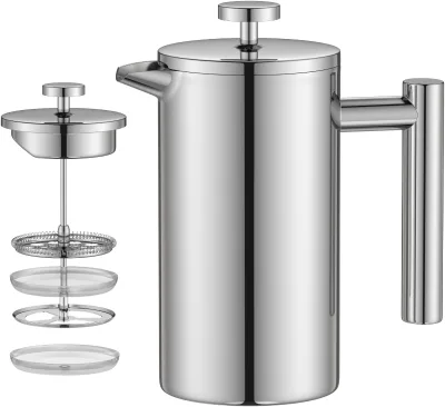 Custom Logo 304 Stainless Steel Moka Pot Double-Layer Filter Insulated Hand Brewed Coffee Pot French Filter Matching French