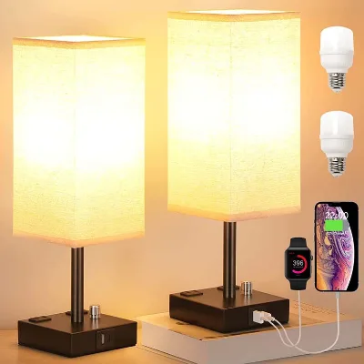 Modern Square Metal Fabric Bedside Table Lamp USB-C Charging Ports Dual AC Outlets Rotary Dimmer Control for Bedroom Office